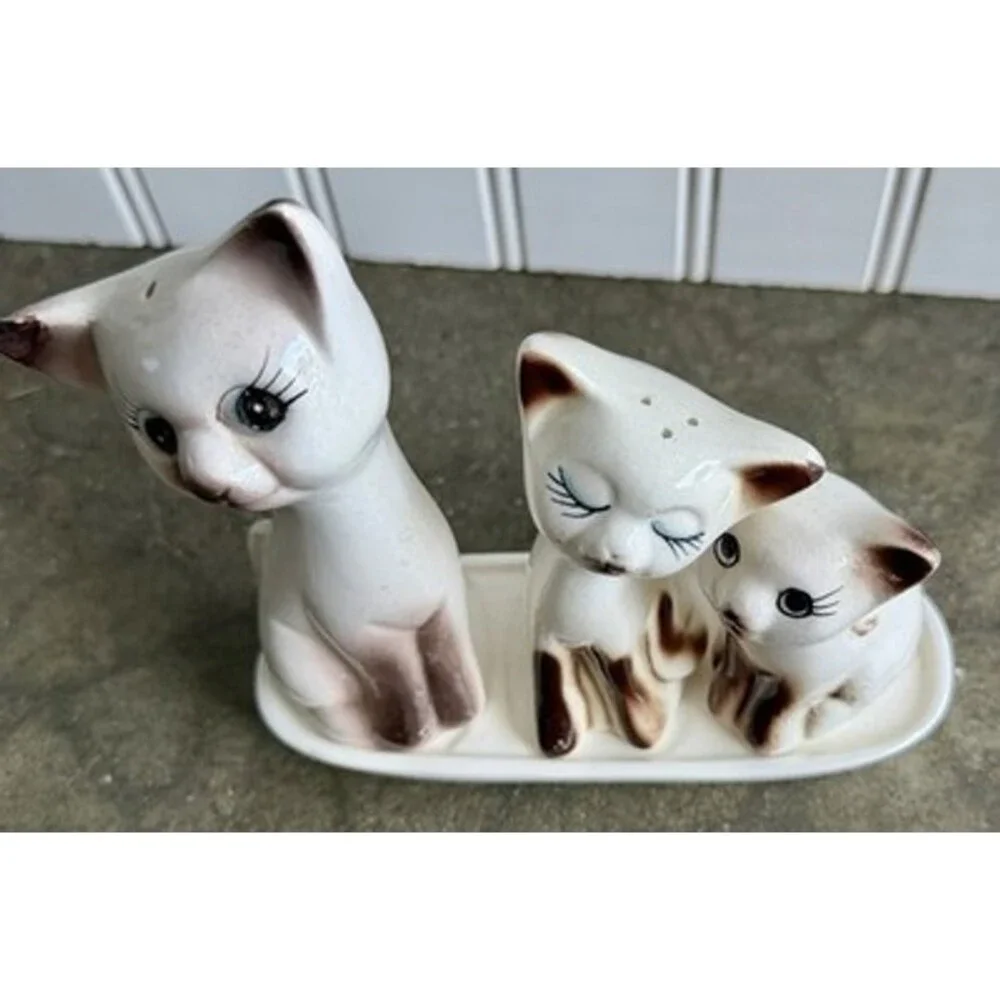 Vintage 1960s Siamese Cat Salt, Pepper & Toothpick Holder With Tray